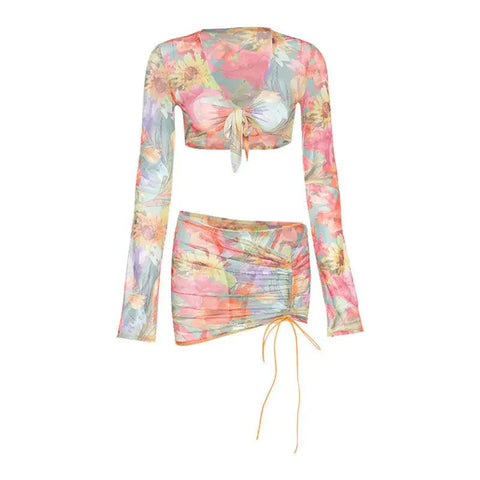 3 Piece Floral Mesh Skirt Set